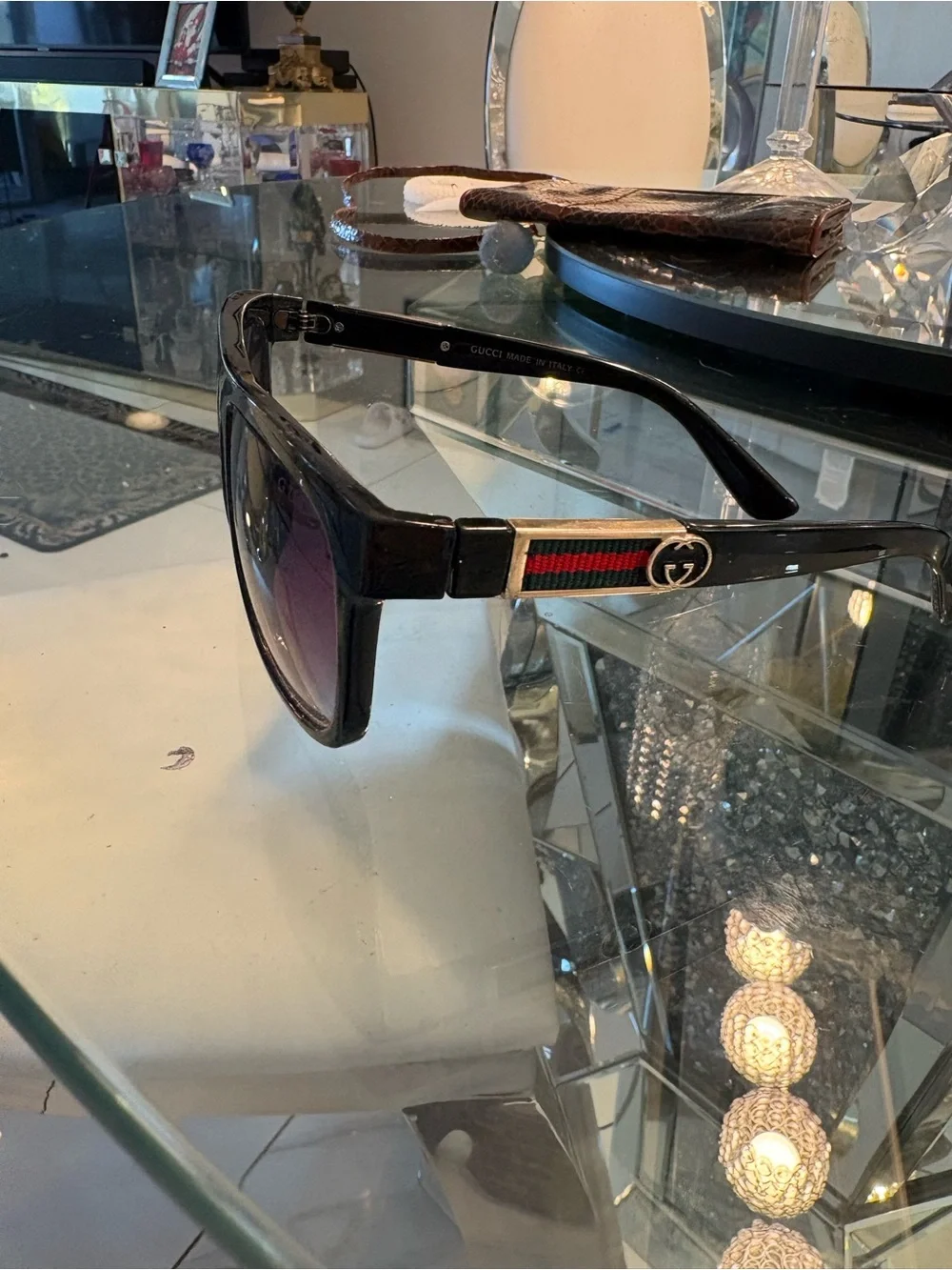 Gucci Black Sunglasses with Gold-Tone GG and Green-Red Web